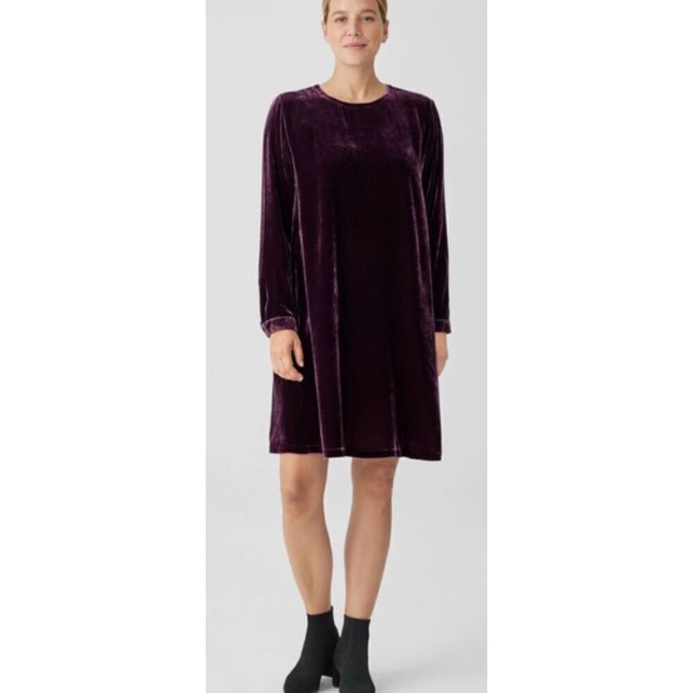 Eileen Fisher Velvet Crew Neck Dress in Burgundy NWT Size XL